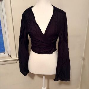 Tree of Life Black Wrap Blouse with Long Sleeves